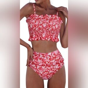 RXRXCOCO Red/Pink Floral Shirred Bandeau Off Shoulder High Waist 2pc Swimsuit M